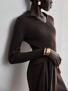 SHEIN LUNE 复古迷人氛围女式系带针织连衣裙 - 巧克力棕 - 查看 5