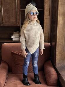 Young Girl 2pcs/Set Comfortable Casual Printed Jeans, Denim Effect Pants - Blue - View 5