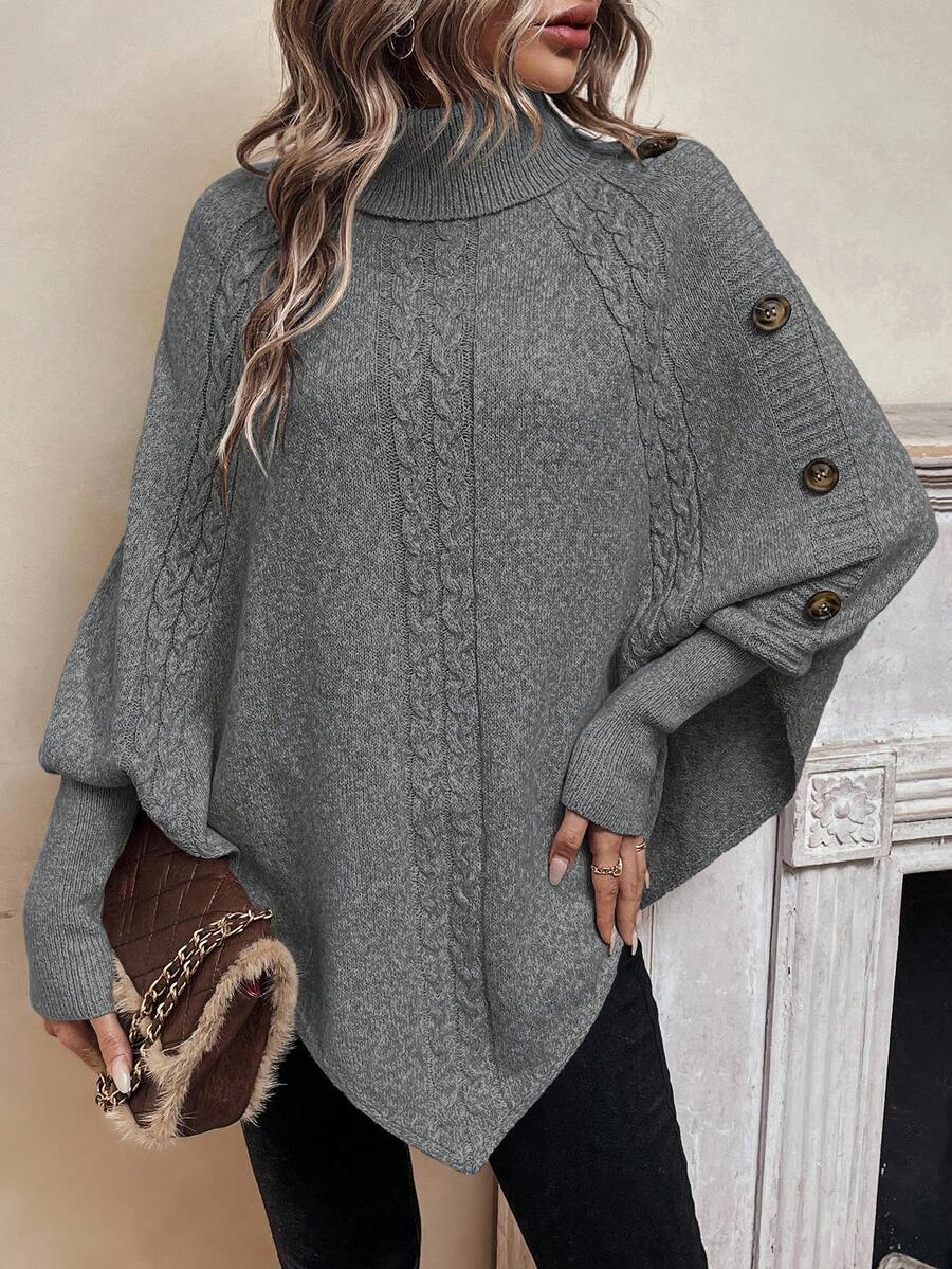 EMERY ROSE Women's Casual Solid Color Turtleneck Batwing Sleeve Sweater, Autumn/Winter - Grey - View 1