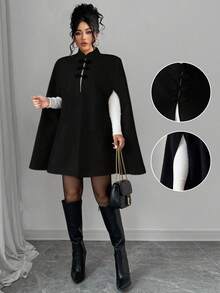 Elenzga Plus Size Women Elegant Buckle Collar Woolen Cape Coat