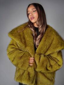 SHEIN ICON 女式黑色浸染绿色仿皮草夹克，秋冬 - 綠色 - 查看 3