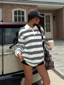 SHEIN EZwear 女式条纹学院风立领拉链宽松长袖运动衫秋冬女装 - 彩色 - 查看 3