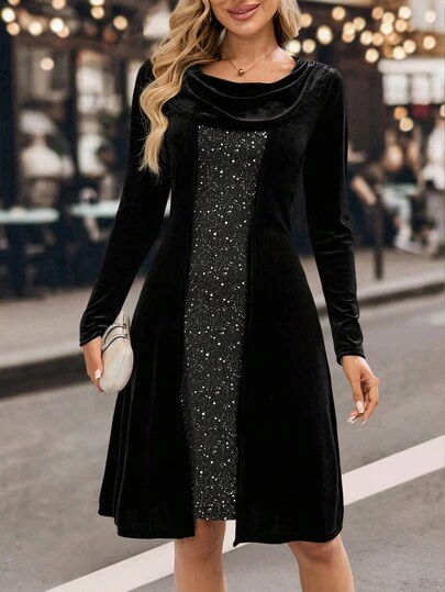 EMERY ROSE Women's Plunging Neck Long Sleeve Sequin Patchwork Fashion Dress Sequin Dress Sequin Dress For Women   Sequin Dress For Women  Elegant Dresses For Party   Christmas Clothes For Women  Christmas Party Dress  Black Dress   New Year Dress