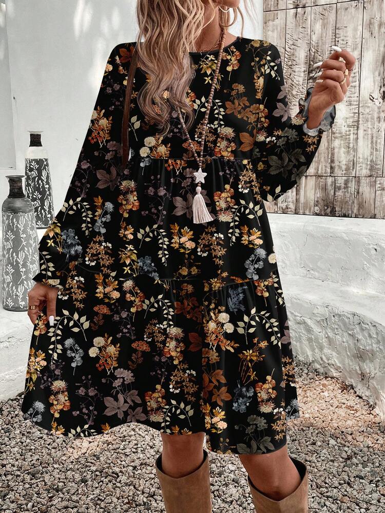 Casual Elegant Women's Mid-Length Dress, Autumn/Winter Long Floral Dress Women Boho Dress Women Long Sleeve Maxi Dress Women Autumn Dress