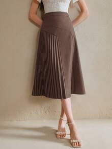 Anewsta 女士商务半身裙，简约百褶设计，优雅气质，秋季 - 咖啡棕 - 查看 3