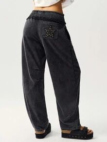 Bohemela Quần nỉ dệt kim rộng rãi màu trơn thường ngày dành cho nữ - màu đen - Xem 3