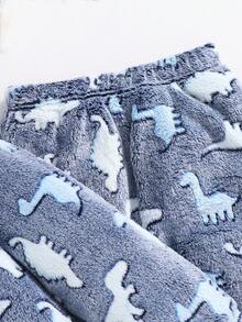 SHEIN 2 件套青少年男孩可爱恐龙图案连帽长袖上衣和柔软毛绒睡裤套装，舒适亲肤，秋冬 - 藍色 - 查看 8