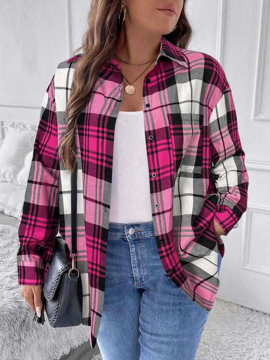 SHEIN LUNE Plus Size Plaid Long Sleeve Casual Shirt, Suitable For Commuting, Autumn Fall - Hot Pink - View 1