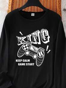 2件套男童休闲游戏印花圆领长袖上衣和格子宽松睡裤睡衣套装，柔软针织面料 - 黑色 - 查看 3