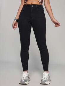 SHEIN PETITE Quần Jeans Denim Nữ Skinny Túi Gọn Nhẹ Đa Năng Thường Ngày - màu đen - Xem 1
