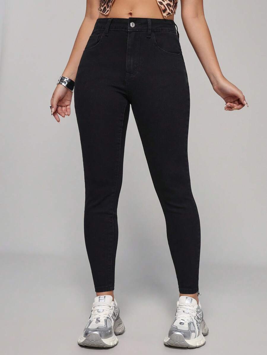 SHEIN PETITE Quần Jeans Denim Nữ Skinny Túi Gọn Nhẹ Đa Năng Thường Ngày - màu đen - Xem 1