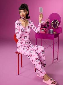 Betty Boop x SHEIN 女士卡通人物图案长袖上衣和裤子睡衣套装 秋冬服装 - 粉色 - 查看 6