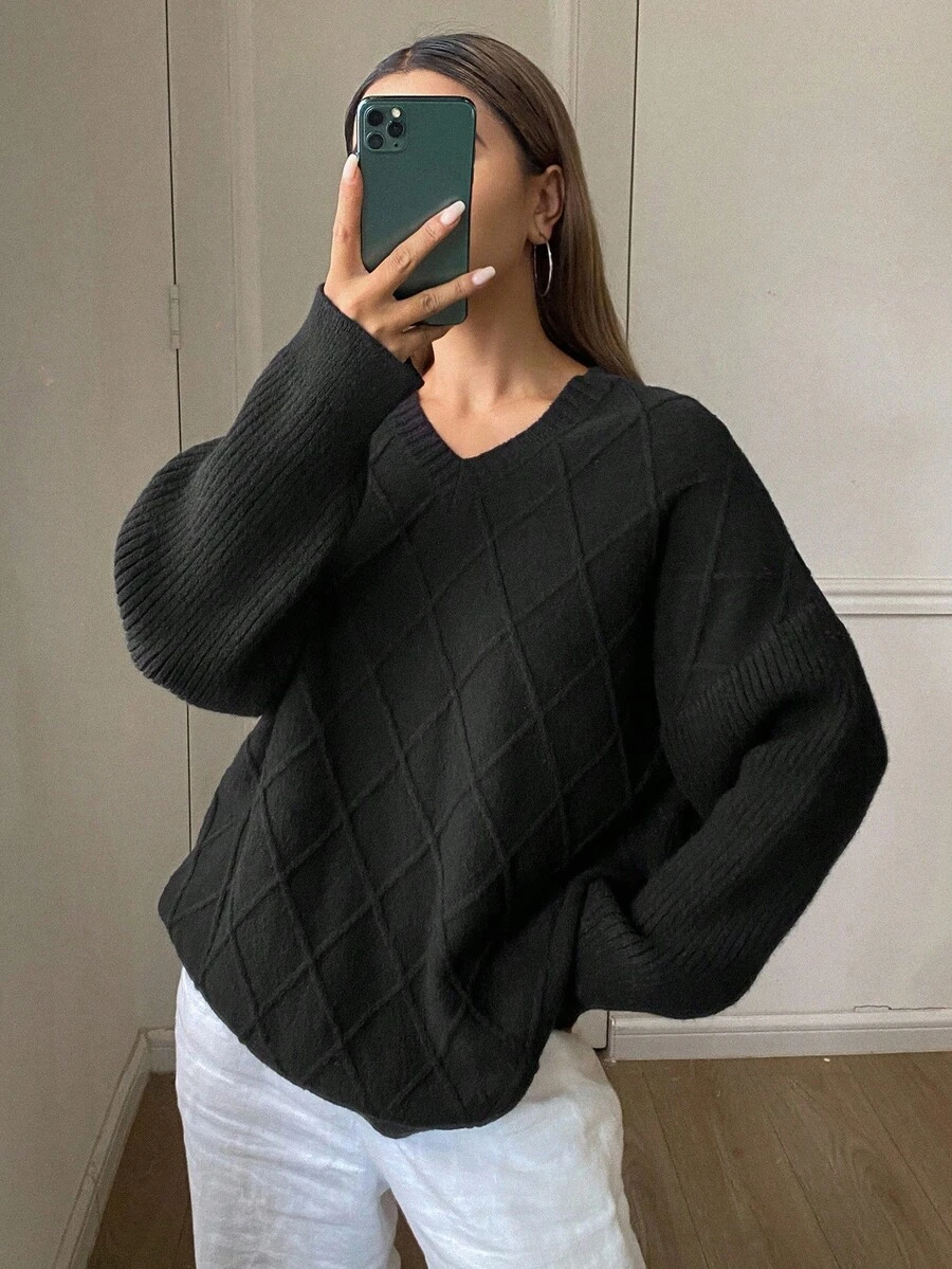 DAZY 女式复古深V领毛衣，秋冬上衣 - 黑色 - 查看 1
