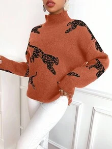 EMERY ROSE Women's Casual Loose Leopard Print Drop Shoulder Long Sleeve Turtleneck Sweater, Autumn/Winter - Burnt Orange - View 6
