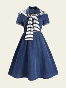 Vestido vaquero de manga corta con cuello de chal a rayas, estilo vintage, para niñas jóvenes de vuelta al colegio en primavera/verano. Adecuado para niñas jóvenes en primavera/verano, vestido elegante de cintura alta y estilo coreano casual para salidas, uso diario, vacaciones.