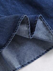 Vestido vaquero de manga corta con cuello de chal a rayas, estilo vintage, para niñas jóvenes de vuelta al colegio en primavera/verano. Adecuado para niñas jóvenes en primavera/verano, vestido elegante de cintura alta y estilo coreano casual para salidas, uso diario, vacaciones.