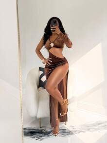 BamGleam Damen Tiefer V-Ausschnitt Langarm Cut Out Seitenschlitz Saum Samt Metallic Blumen Knopf Sexy Kleid - Rostbraun - Übersicht 4