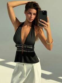 Aloruh Áo ba lỗ hở lưng 3 lớp gợi cảm bó sát gợi cảm cho cô gái trẻ màu đen - màu đen - Xem 5