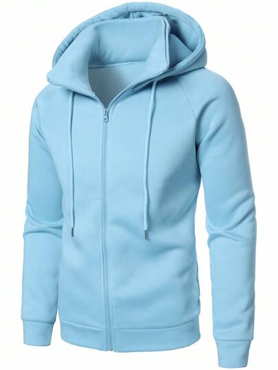 Manfinity Homme 男士纯色插肩袖连帽抽绳拉链休闲卫衣，秋季款