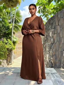 Veslaya Plus Size Women's Solid Color Overlap V-Neck Batwing Sleeve Casual Dress