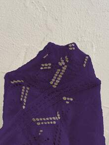 EMERY ROSE Vacation Style Casual Hollow Floral Pattern Off-Shoulder Loose Pullover Sweater - Violet Purple - View 7