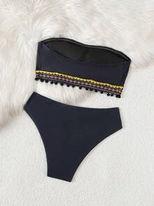 Swim Vcay 女士优雅黑色无肩带抹胸比基尼套装，饰有彩色花卉图案和大象印花，2026 款，饰有绒球流苏，修身显瘦，高衩露臀两件式泳衣，配有弹性抹胸上衣，休闲波西米亚简约时尚缎面质感比基尼，适合夏季度假穿着，假日泳池派对无肩带沙滩装。