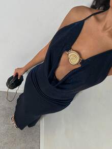SHEIN Glamour 女士时尚细肩带露背紧身派对连衣裙 - 藍色 - 查看 1