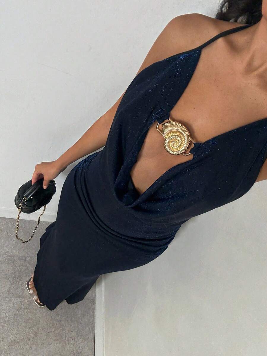 SHEIN Glamour 女士时尚细肩带露背紧身派对连衣裙 - 藍色 - 查看 1
