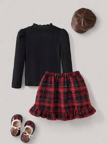 PrepCrw 2 Stücke Elegantes, vielseitiges, klassisches Weihnachts-Set für Kleine Mädchen in Rot, Grün und Schwarz kariert mit Rüschensaum Rock und schwarzem Rollkragen Shirt mit Puffärmeln, geeignet für Freizeitausflüge, Zusammenkünfte, Feiertage, Herbst und Winter - Verschiedenfarbig - Übersicht 3