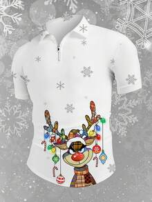Manfinity Homme Fashionable Casual Christmas Cute Deer Print Fitted Polo Shirt With Zipper, Short Sleeve For Men - Grey - View 3