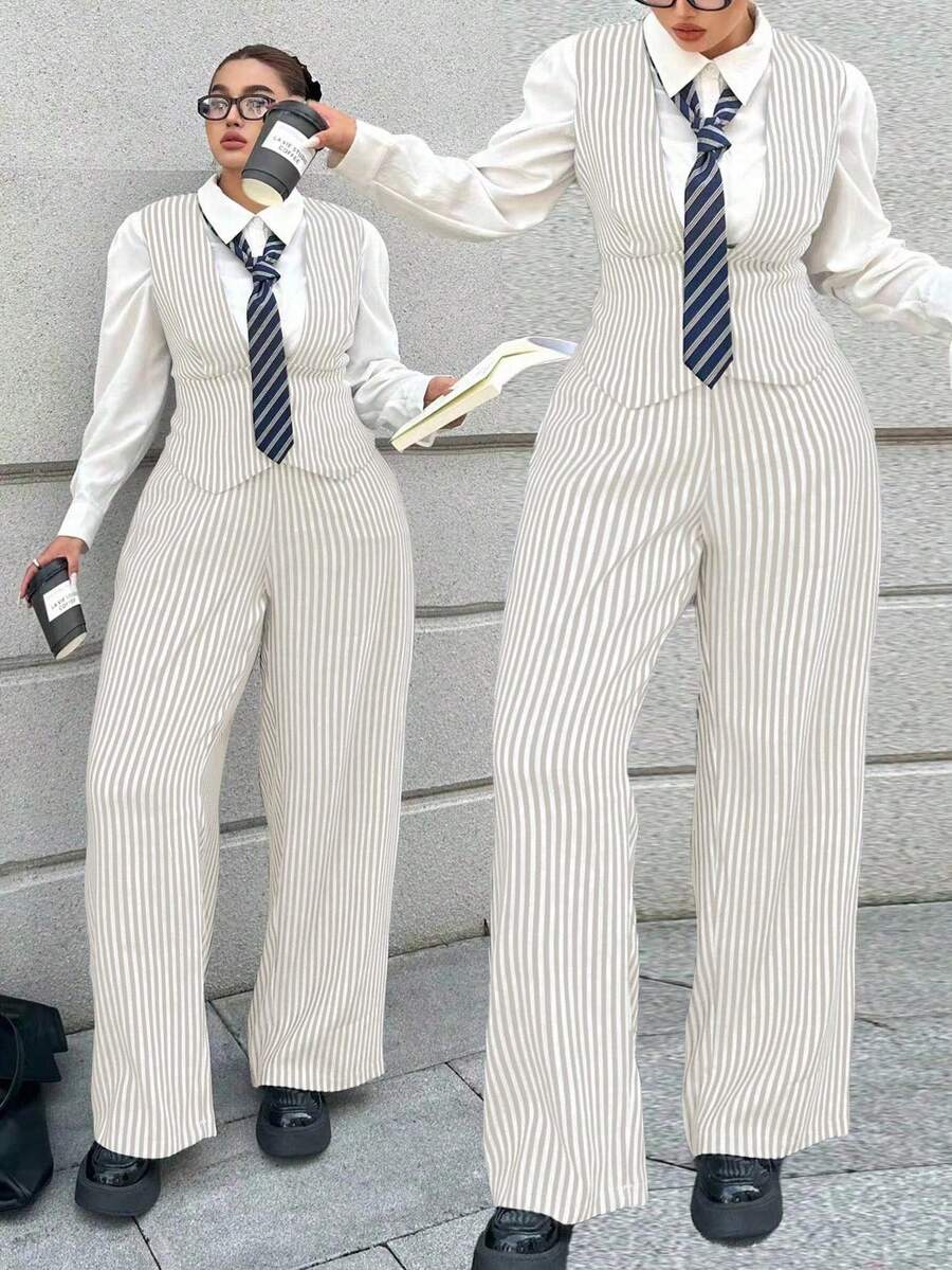 POPSWAY 时尚通勤条纹深V领背心搭配阔腿裤套装 - 杏色 - 查看 1