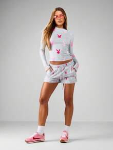 Missguided x Playboy 兔子印花抽绳慢跑短裤，适合家居服，夏季休闲舒适睡衣，家居服 - 彩色 - 查看 4