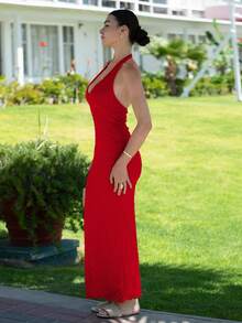 Andrea Bello Valentinstag Neues elegantes romantisches ärmelloses Bodycon Maxikleid mit V-Ausschnitt und Struktur, Apricot - Rot - Übersicht 5