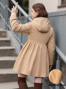 SHEIN Tween Girls Mid-Length Hooded Casual Fleece Jacket, Winter Fall