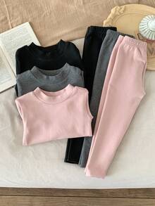 SHEIN Bộ 6 món/Bộ áo dài tay dệt kim màu trơn họa tiết hoạt hình dễ thương thường ngày và quần dài cho bé gái - Nhiều màu - Xem 6