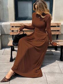 Chiquease Abito casual lavorato a maglia a maniche lunghe con collo rotondo, tinta unita, adatto per autunno/inverno - Castano - Visualizzare 1