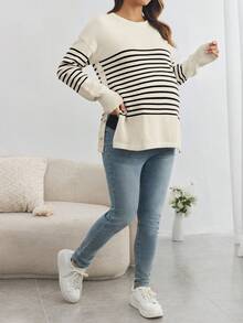 SHEIN Maternity Casual Drop Shoulder Round Neck Striped Sweater With Side Button Design, Autumn/Winter Pregnant Clothes Jumper For Woman Maternity Sweater Women Sweater Maternity Clothes Fall Winter - Multicolor - View 4