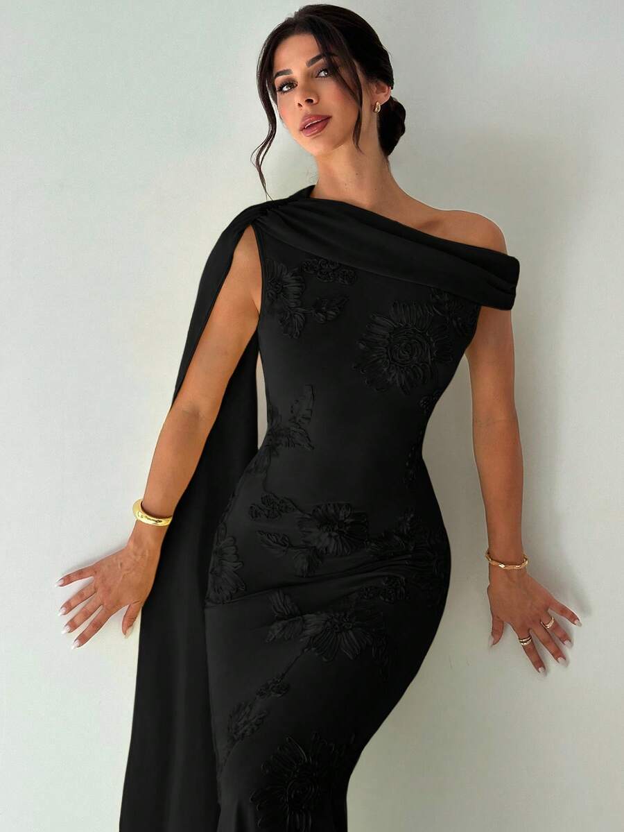 Firerie Đầm Maxi dài chấm đất dáng đuôi cá màu vàng, dáng ôm body, thêu lưới, sang trọng, thanh lịch, tinh tế, lãng mạn dành cho nữ dự tiệc khiêu vũ - màu đen - Xem 1