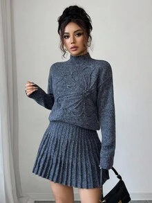 Firerie Women's Floral Print Solid Color Crew Neck Long Sleeve Sweater And A-Line Pleated Skirt Set, Sweater And Skirt Set, Long Sleeve Short Skirt Set, Sweater Set, Elegant, Commuter, Casual, Daily, Minimalist, Suitable For Spring, Autumn And Winter,Cozy Fall And Winter Clothes For Women - Blue - View 2
