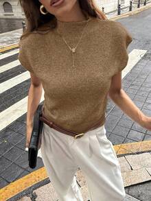 Firerie Elegant High Neck Loose Casual Versatile Sleeveless Knit Sweater Vest Going Out Tops Women,Tops For School In Fall/Winter - Camel - View 8