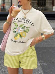 SHEIN 2pcs Plus Size Lemon Print Casual Round Neck Short Sleeve Top And Shorts Set