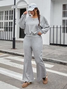 SHEIN EZwear Bộ 2 món áo nỉ và quần trơn màu cỡ lớn, mùa thu - Xám - Xem 5