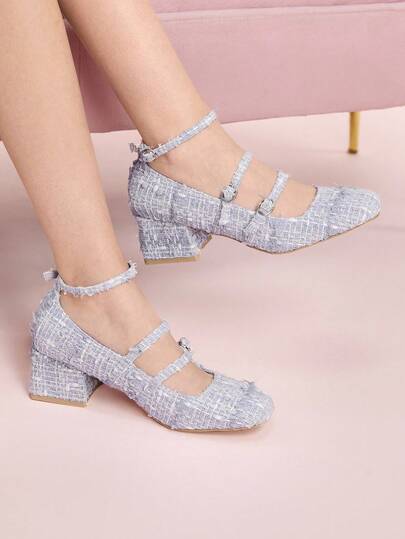 CUCCOO DOLLMOD Paarse retro Mary Jane-stijl comfortabele hoge hakken met dikke hak, vierkante neus en gespband