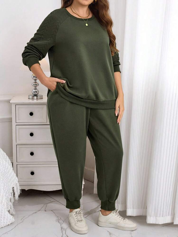 Conjunto de 2 piezas de sudadera y pantalón de chándal de forro polar con parches en verde, con bolsillos, para mujer talla grande, para otoño/invierno