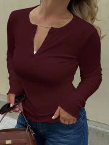 Jeta Ari Camiseta de punto acanalado con botones a la mitad, ropa de otoño para mujer con manga larga - Burdeos - Ver 3