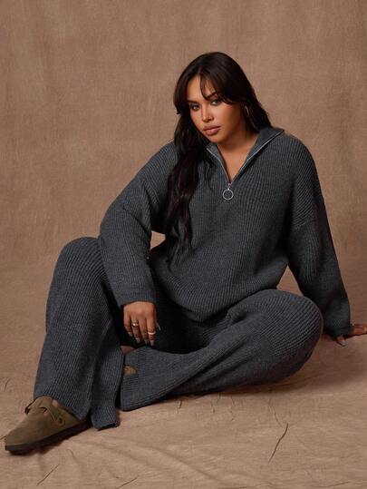 Rustia Plus Size Solid Color Half-Zip Long Sleeve Top And Pants Casual Knit Suit CASUAL