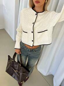 Siren Gaze 女士撞色滚边圆领外套，花卉纹理滚边单排扣外套，秋季，女士冬季外套，白色，适合新年夜、新年，休闲女装，白色衬衫短款外套，短款西装外套，粗花呢外套，女士休闲办公装 - 杏色 - 查看 5