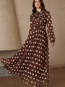 BELROSIE French Romantic Ruffled Polka Dot Waist Dress With Long Sleeves, Printed - Multicolor - View 5