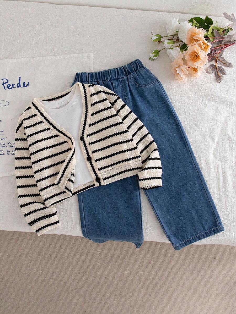 Genkimix Kids 2 件套幼儿女童秋季新款服装，条纹针织开衫夹克和休闲直筒蓝色牛仔裤，时尚简约 - 彩色 - 查看 1