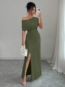 Elenzga 女士优雅时尚通勤休闲舒适迷人度假温柔淑女简约高端假日无袖斜肩收腰紧身侧开衩纯色长裙 - 軍綠色 - 查看 6